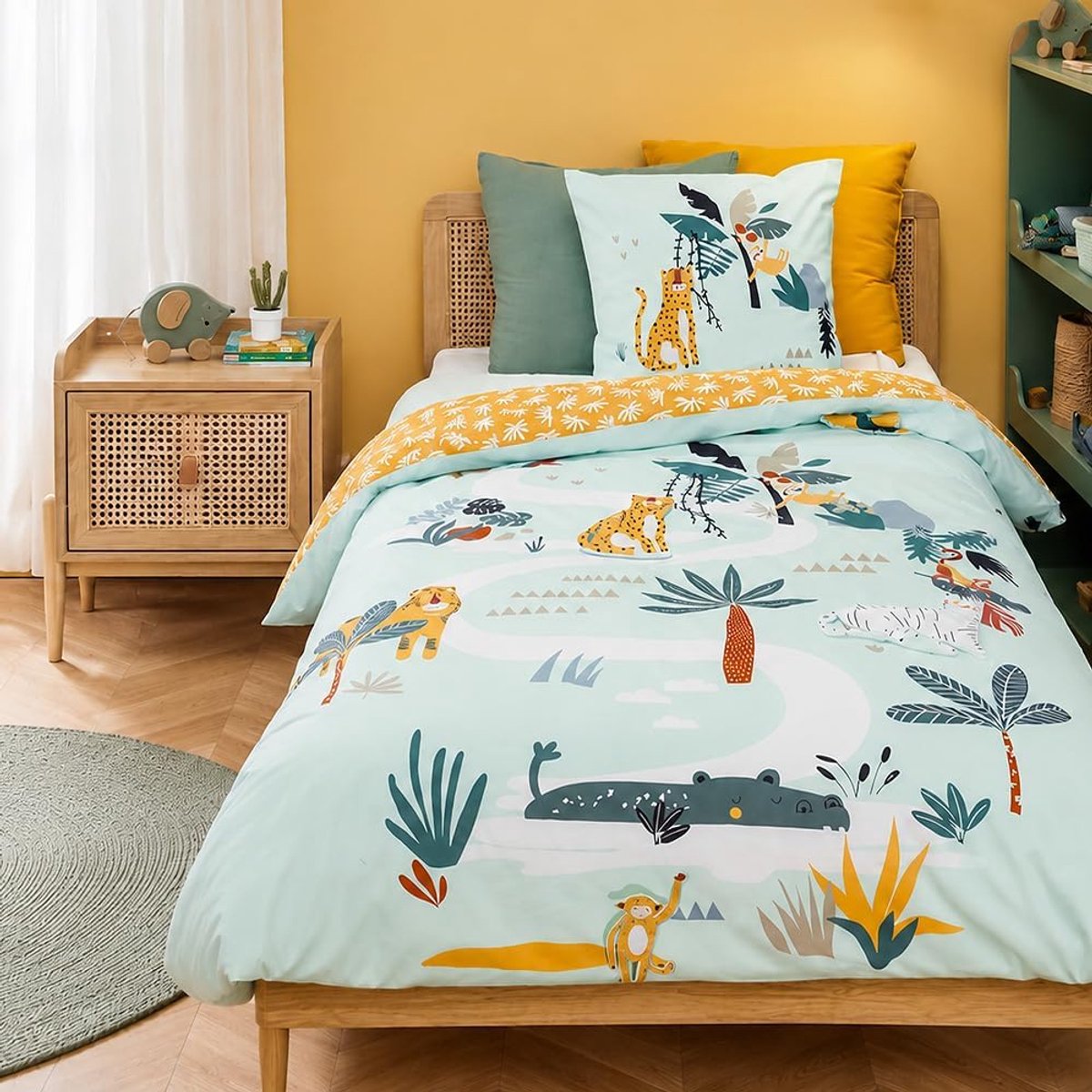Kinderdekbedovertrek 140x200 cm - 100% katoen - Jungledieren - Omkeerbaar - Groen