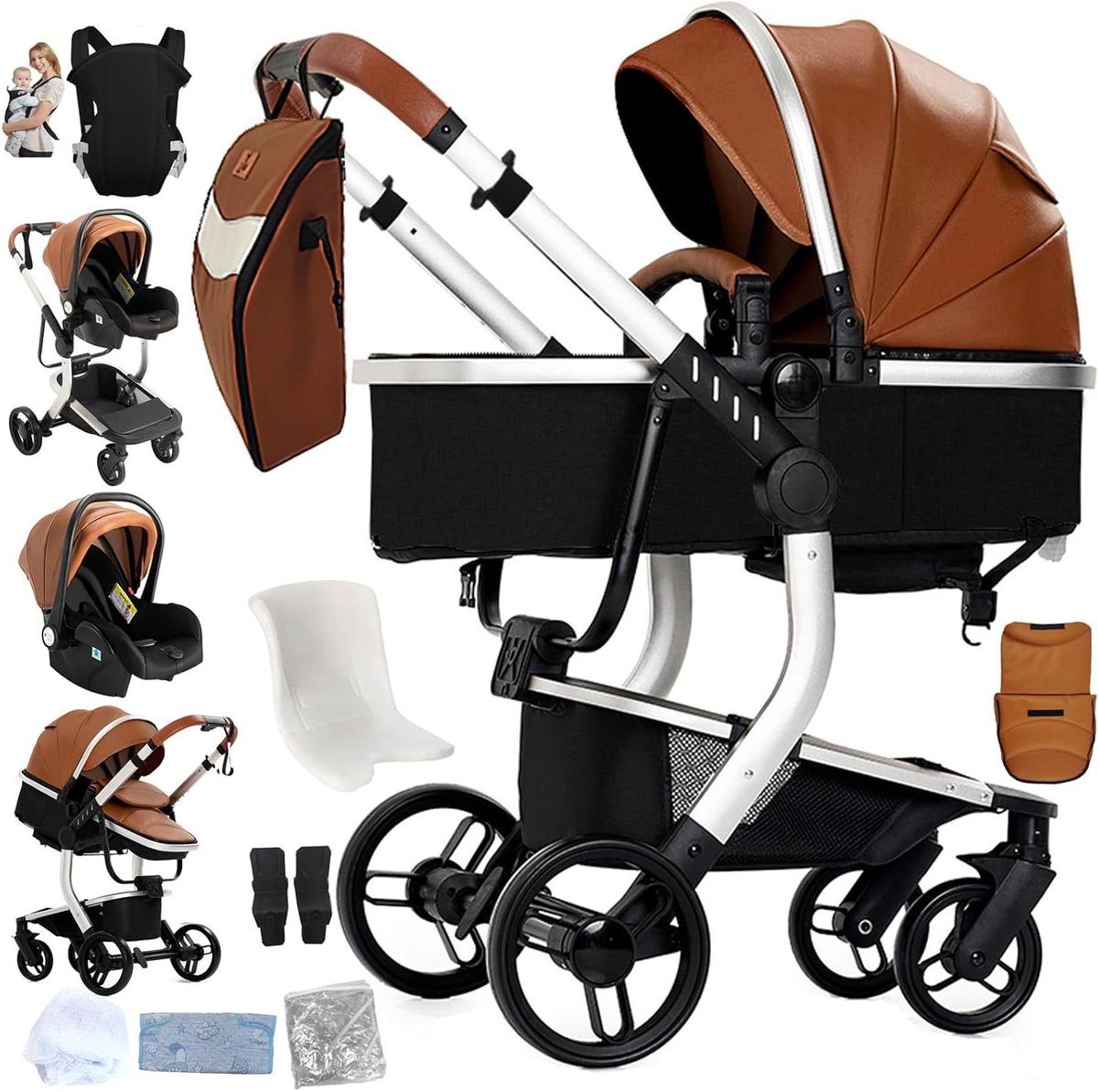 Baby kinderwagen - Reiswieg combo - Comfortabel reizen - One-click inklapbaar - L518 - Khaki