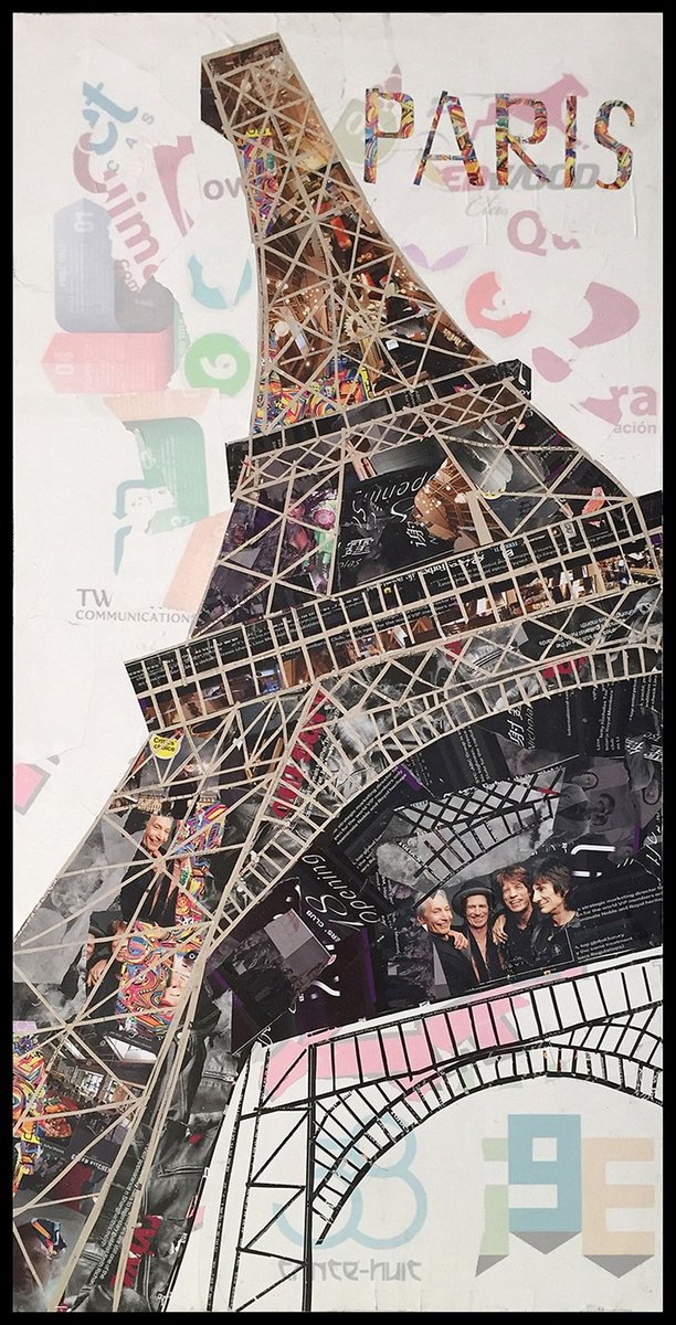 Padiro wanddecoratie 52 x 102 cm - meerkleurig - papier op canvas met lijst - collage Eiffeltoren II