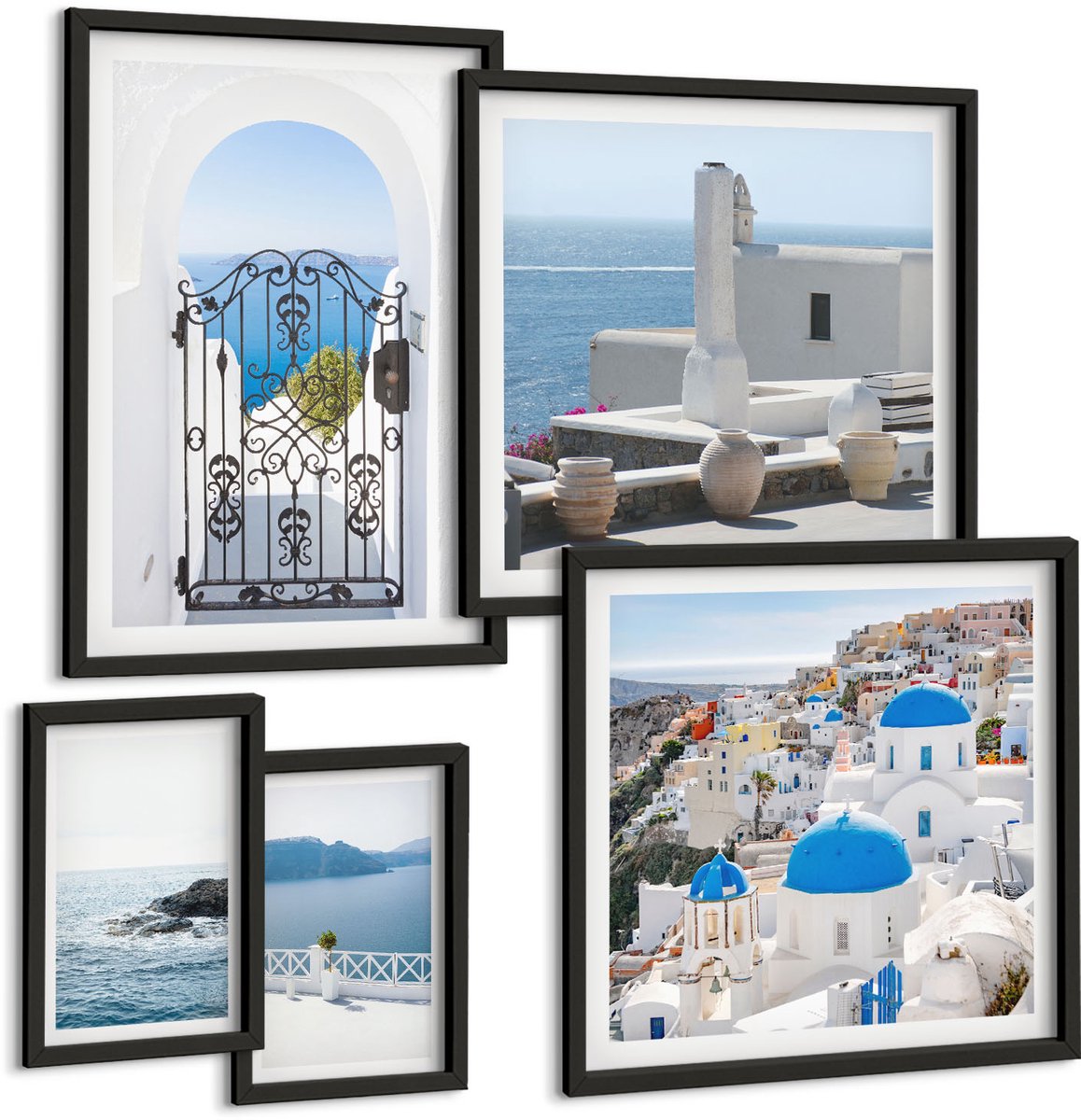 Coloray 5-Delige Schilderij Set - Griekenland, Mediterrane Stijl, Zeezicht En Architectuur - 50 x 50 cm, 20 x 30 cm En 40 x 60 cm - Decoratieve Muurdecoratie - Slaapkamer - Stijlvolle Muurdecoratie