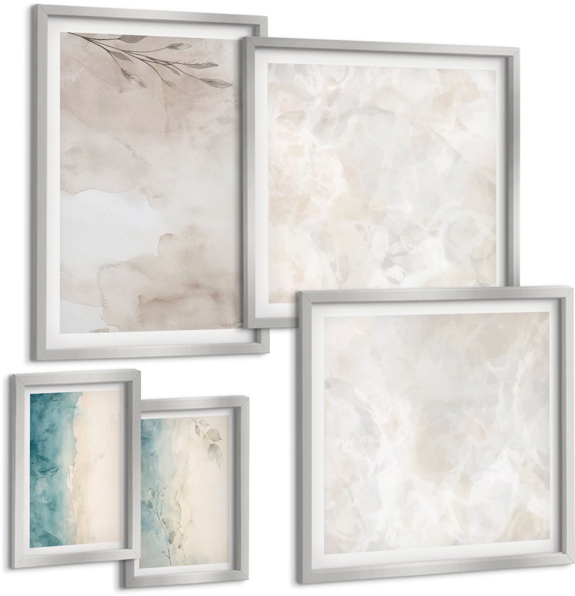Coloray 5-Delige Schilderij Set - Plantmotieven Met Geometrische Vormen In Groen - 20 x 30 cm - Decoratieve Muurdecoratie - Slaapkamer - Wanddecoratie