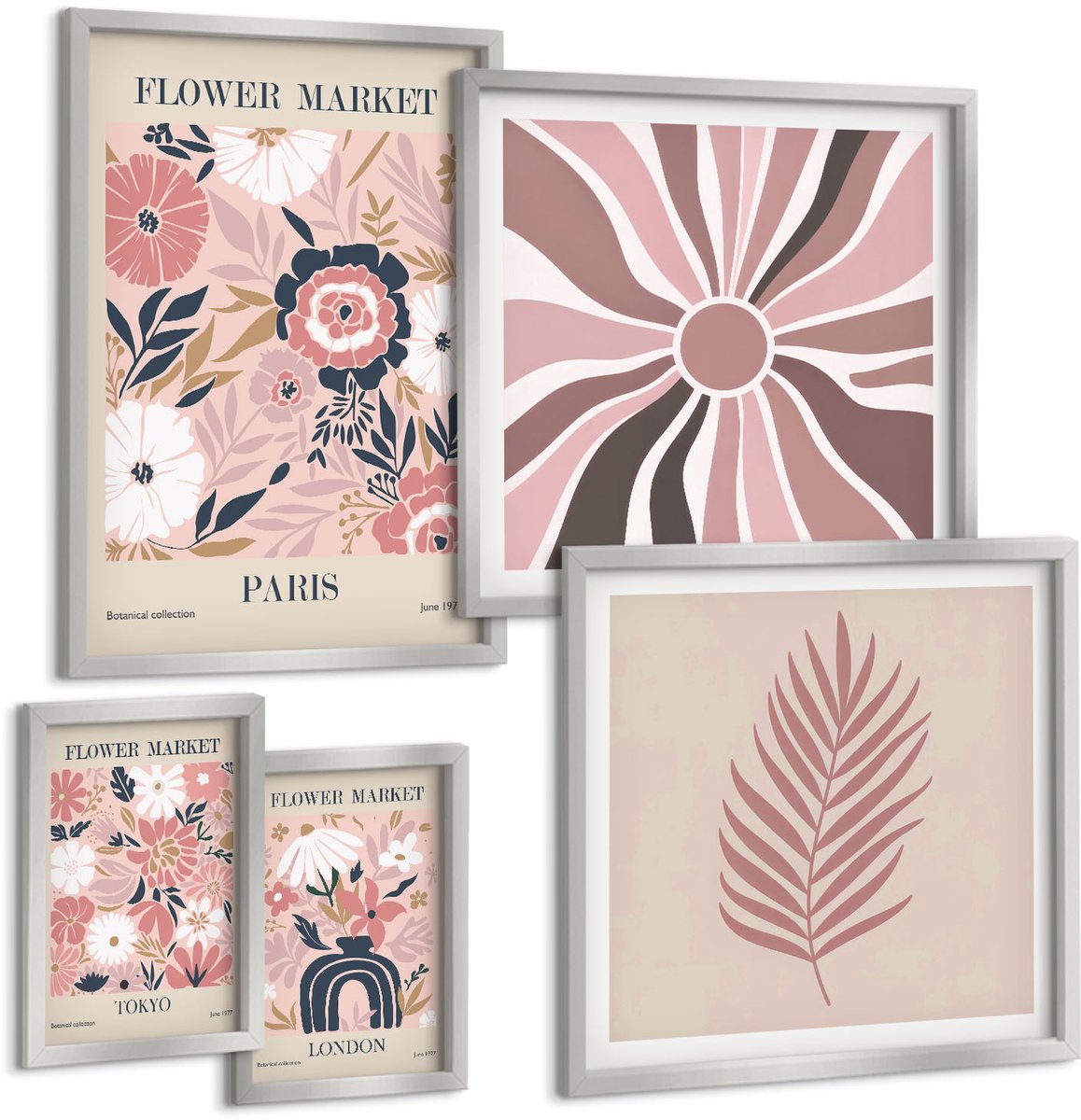 Coloray 5-Delige Schilderij Set - Plantenpatronen In Tinten Groen En Grijs - 20 x 30 cm - Muurdecoratie - Interieur Decoratie - Decoratieve Schilderijen