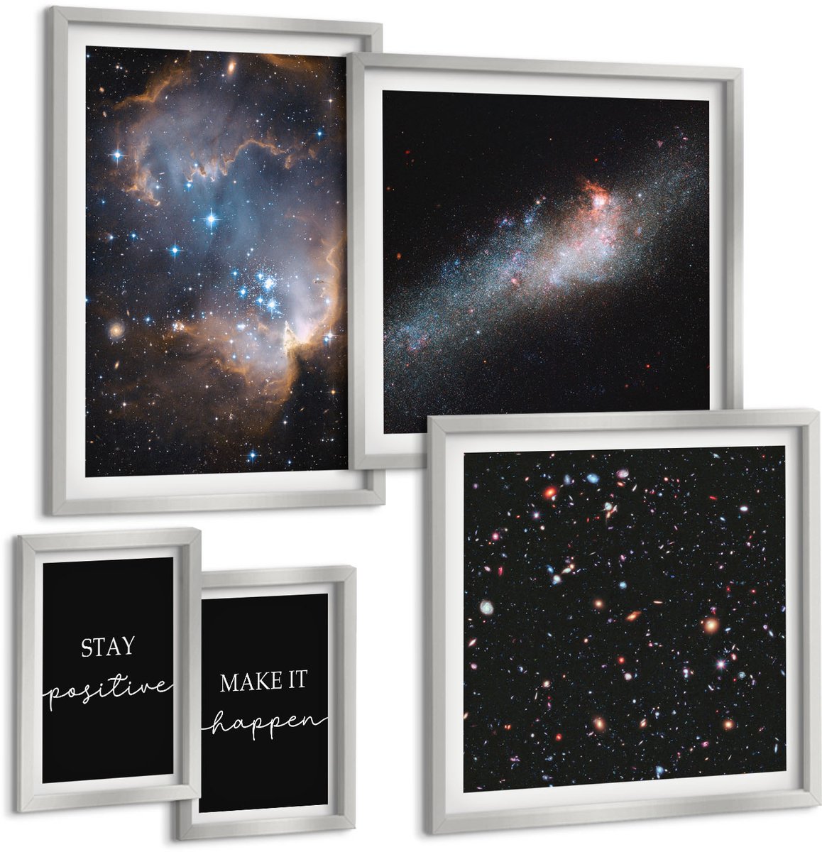 Coloray 5-Delige Schilderij Set - Elegante, Motiverende Slogans Op Een Zwarte Achtergrond - 20 x 30 cm - Stijlvolle Muurdecoratie - Kantoor - Interieur Decoratie