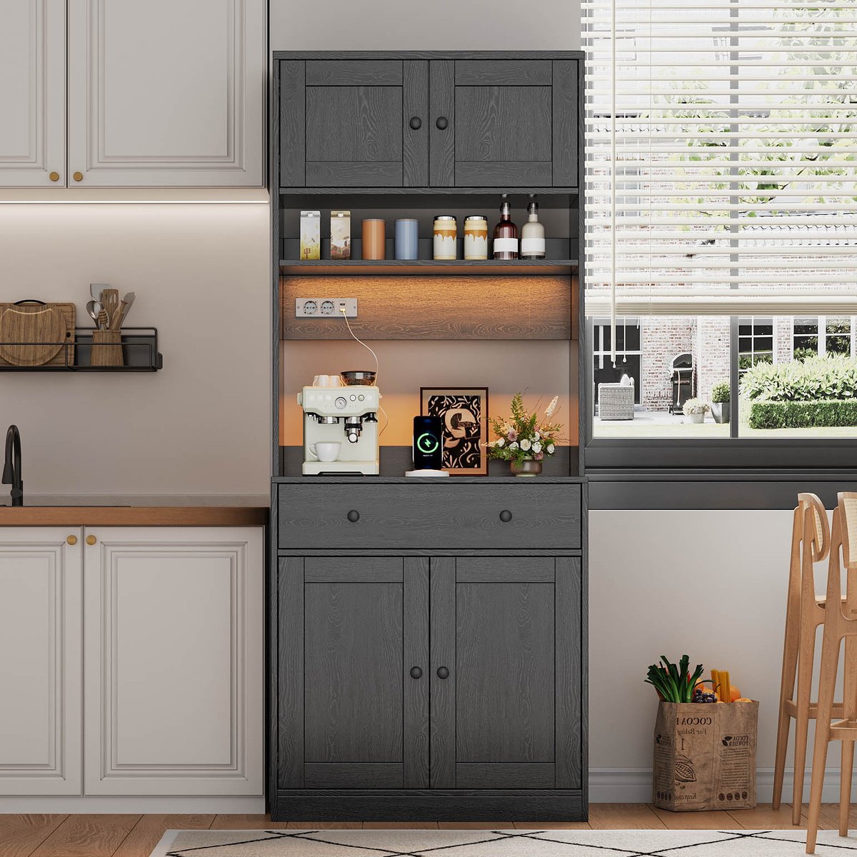 VVBV Opbergkast 72x40x180 cm - LED, App-bediening, Lades, Open Vakken, Stopcontact/USB, Ruime Opbergruimte - Zwart, MDF