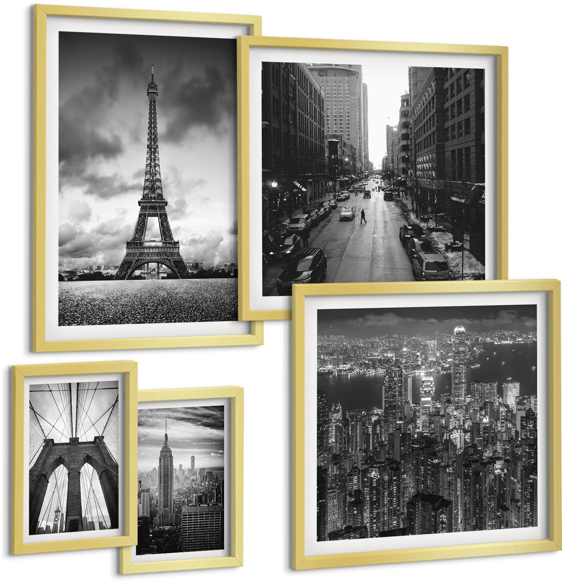 Coloray 5-Delige Schilderij Set - Zwart-Wit Architectonische Iconen Van Over De Hele Wereld - 50 x 50 cm, 20 x 30 cm En 40 x 60 cm - Decoratieve Muurdecoratie - Slaapkamer - Interieur Decoratie