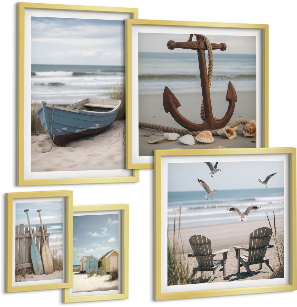 Coloray 5-Delige Schilderij Set - Sfeer Aan Zee, Ontspanning Aan Zee En Strand - 50 x 50 cm, 20 x 30 cm En 40 x 60 cm - Stijlvolle Wanddecoratie - Interieur - Woonkamer Decoratie