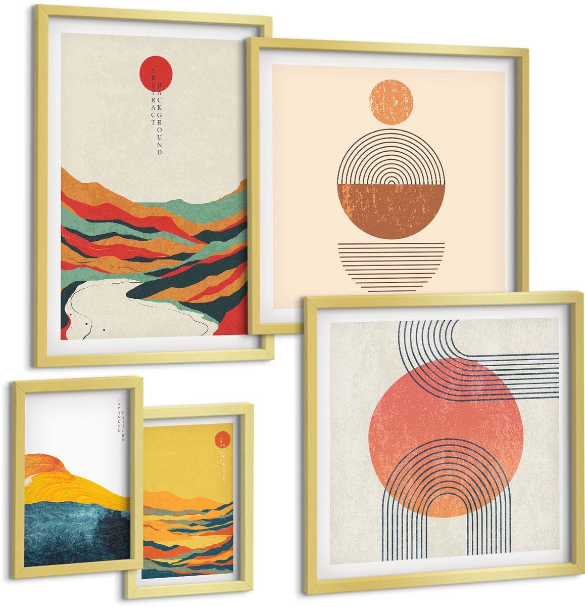 Coloray 5-Delige Schilderij Set - Abstracte Landschappen Met Geometrische Vormen En Kleuren. - 50 x 50 cm, 20 x 30 cm En 40 x 60 cm - Muurdecoratie - Schilderijen Set - Woonkamer - Wanddecoratie