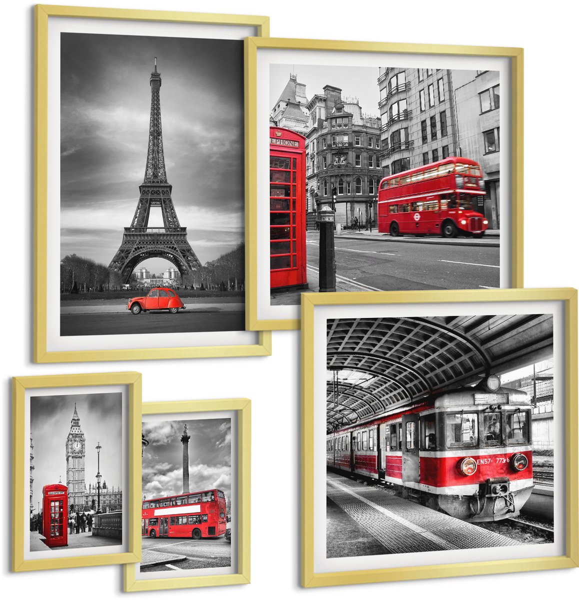 Coloray 5-Delige Schilderij Set - Stijlvolle Stadsgezichten Met Iconen Van Londen En Parijs. - 50 x 50 cm, 20 x 30 cm En 40 x 60 cm - Decoratieve Muurdecoratie - Slaapkamer - Interieur Decoratie