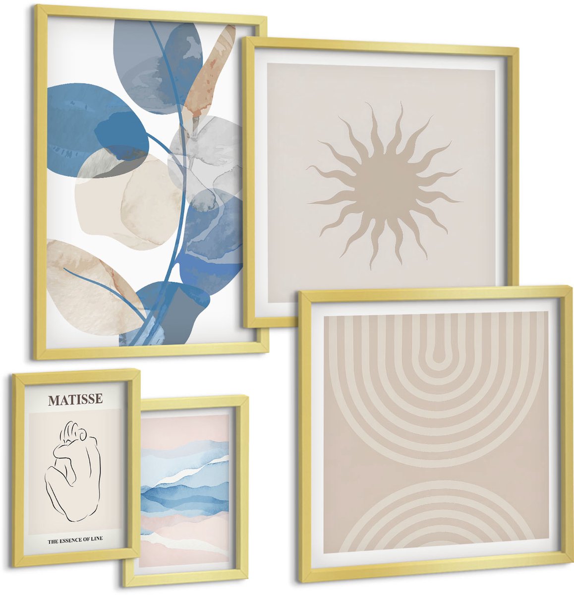 Coloray 5-Delige Schilderij Set - Stijlvolle Abstracte Composities Met Plantenaccenten - 50 x 50 cm, 20 x 30 cm En 40 x 60 cm - Stijlvolle Muurdecoratie - Slaapkamer