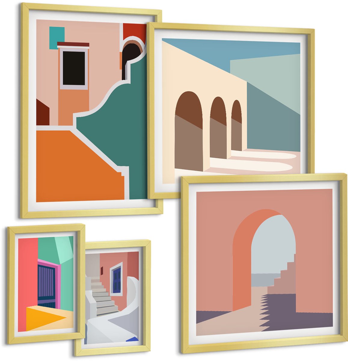 Coloray 5-Delige Schilderij Set - Kleurrijke Illustraties Van Gebouwen In Een Moderne Stijl. - 50 x 50 cm, 20 x 30 cm En 40 x 60 cm - Wanddecoratie - Schilderijen Set - Kantoor