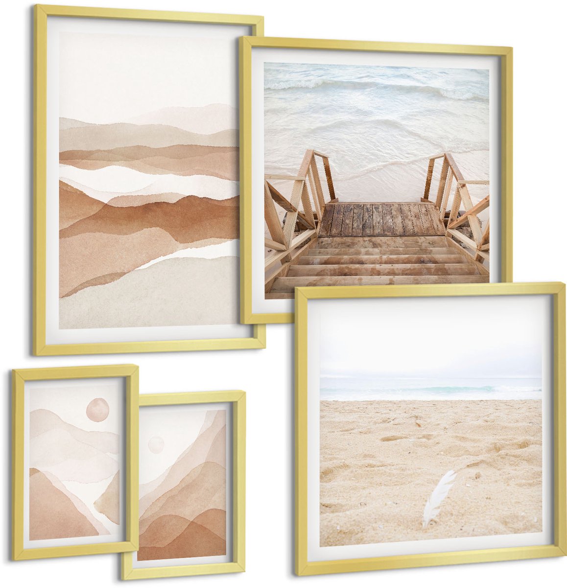 Coloray 5-Delige Schilderij Set - Minimalistische Strand- En Berglandschappen In Natuurlijke Tinten. - 50 x 50 cm, 20 x 30 cm En 40 x 60 cm - Muurdecoratie - Wanddecoratie - Slaapkamer - Moderne Wanddecoratie