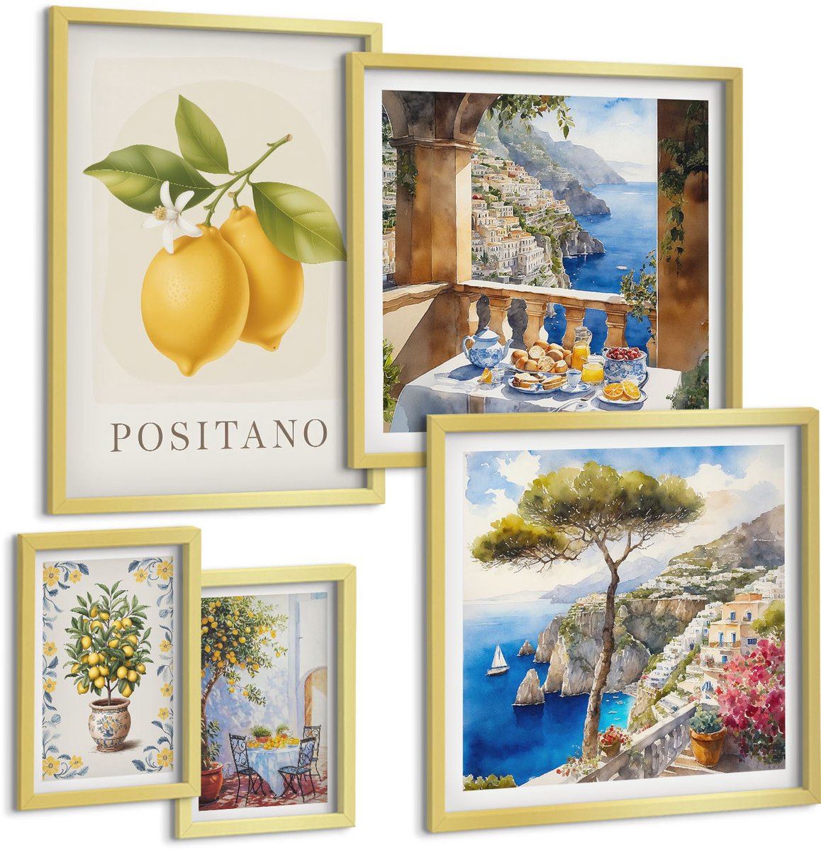 Coloray 5-Delige Schilderij Set - Citrusaccenten Met Mediterrane Invloed En Uitzicht Op Zee - 50 x 50 cm, 20 x 30 cm En 40 x 60 cm - Muurdecoratie - Wanddecoratie - Slaapkamer - Woonkamer Decoratie