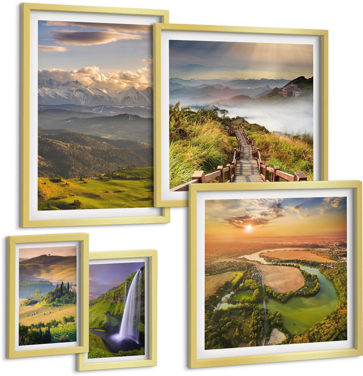Coloray 5-Delige Schilderij Set - Berglandschappen En Watervallen In Een Schilderachtig Decor. - 50 x 50 cm, 20 x 30 cm En 40 x 60 cm - Moderne Wanddecoratie - Slaapkamer