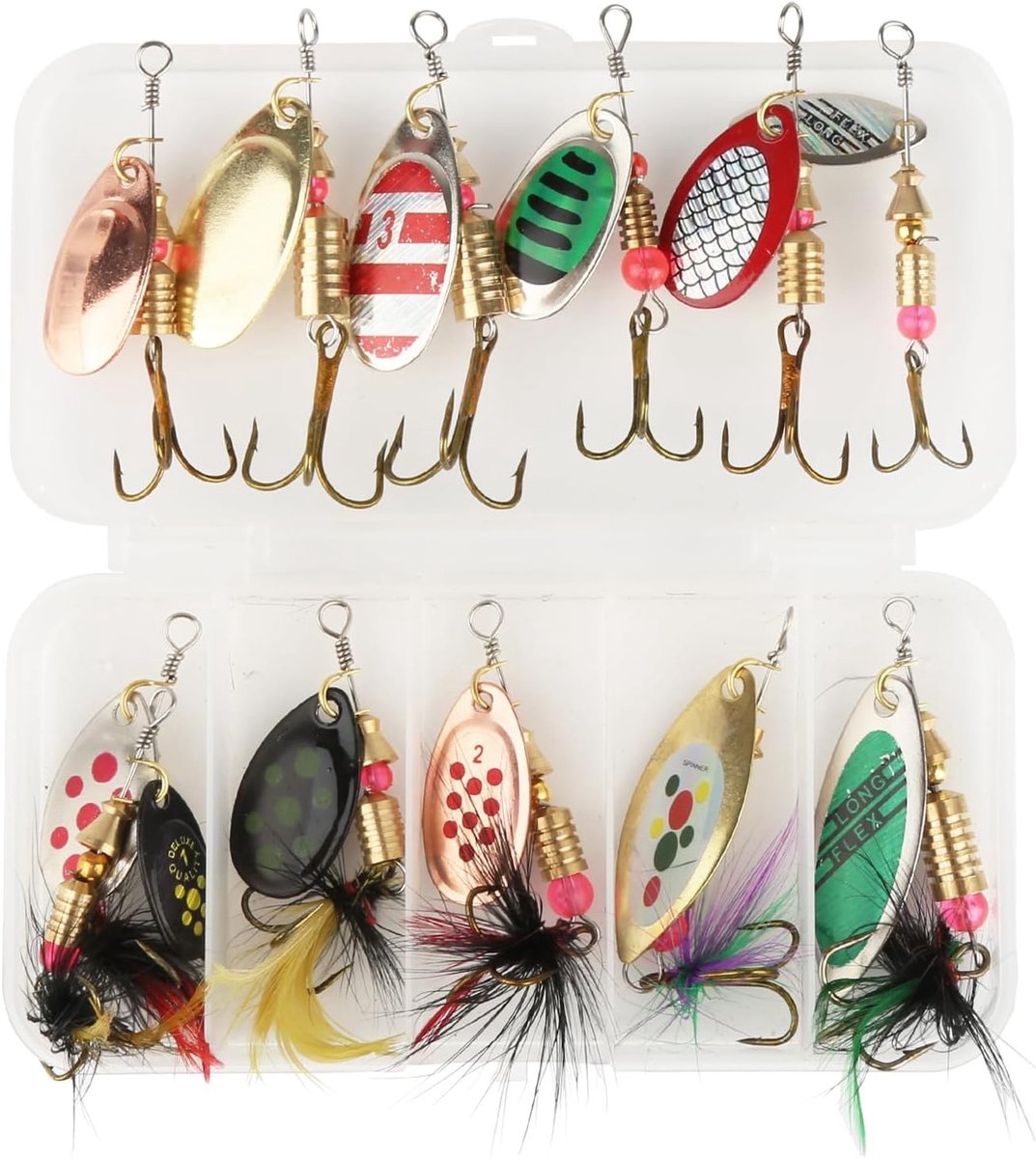 Visspoelaas Set - Veelkleurig - 12 Stuks - Spinner Lepel Aas met Opbergdoos - Voor Forel, Snoek, Bass en Zalm