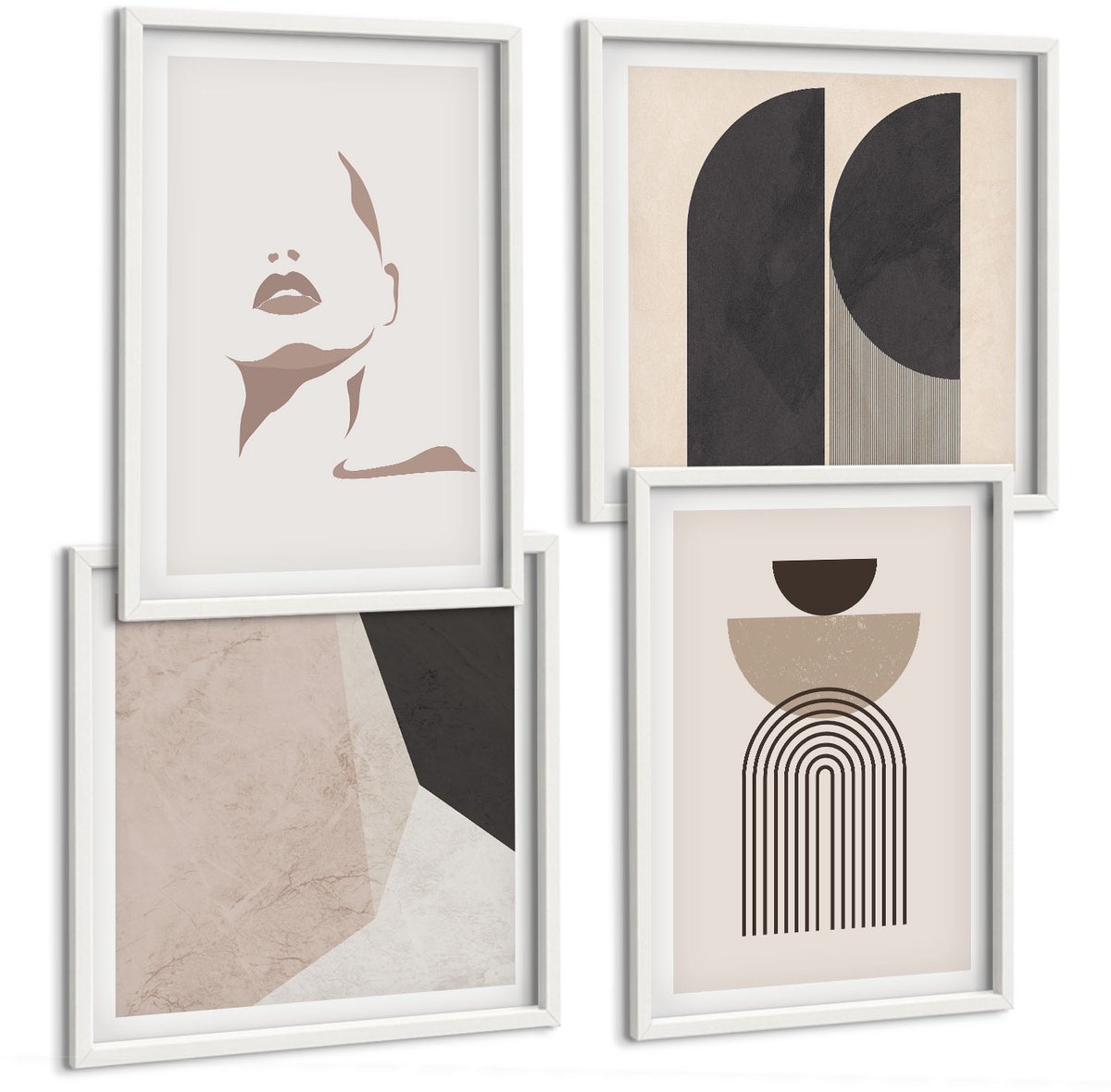 Coloray 4-Delige Schilderij Set - Abstracte Patronen In Tinten Wit En Bruin. - 40 x 40 En 40 x 60 - Decoratieve Muurdecoratie - Slaapkamer Witte lijst