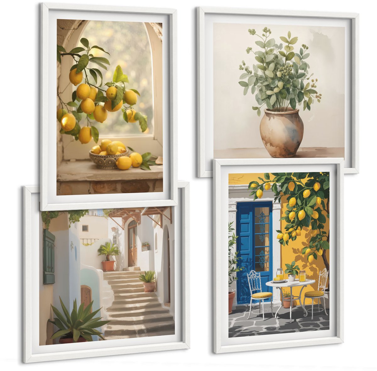 Coloray 4-Delige Schilderij Set - Citroenen In De Stad Van De Italiaanse Architectuur - 40 x 40 En 40 x 60 - Moderne Wanddecoratie - Slaapkamer - Stijlvolle Muurdecoratie