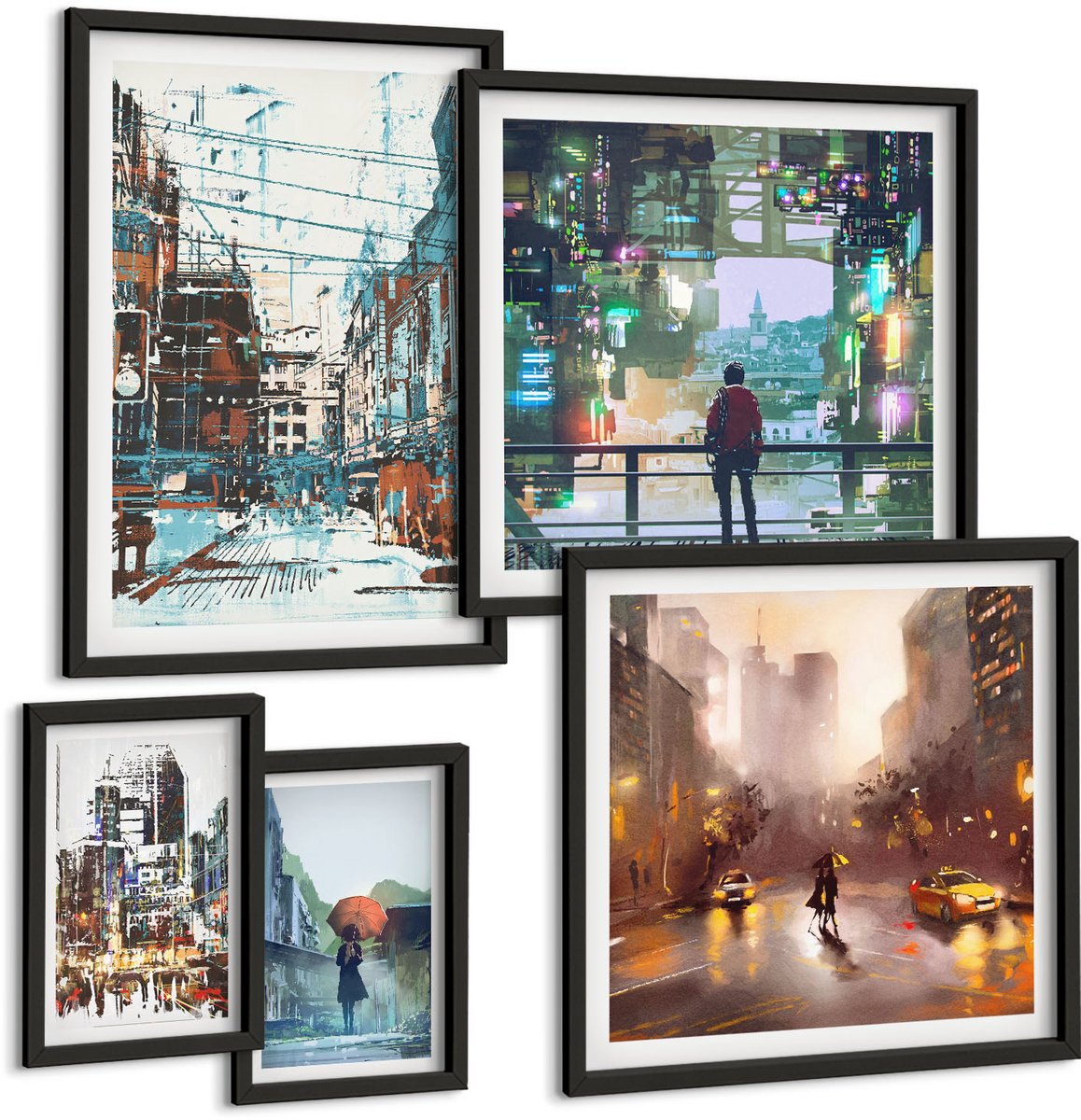 Coloray 5-Delige Schilderij Set - Moderne Stadsgezichten Met Straten En Figuren - 50 x 50 cm, 20 x 30 cm En 40 x 60 cm - Moderne Wanddecoratie - Woonkamer - Woonkamer Decoratie Zwarte lijst