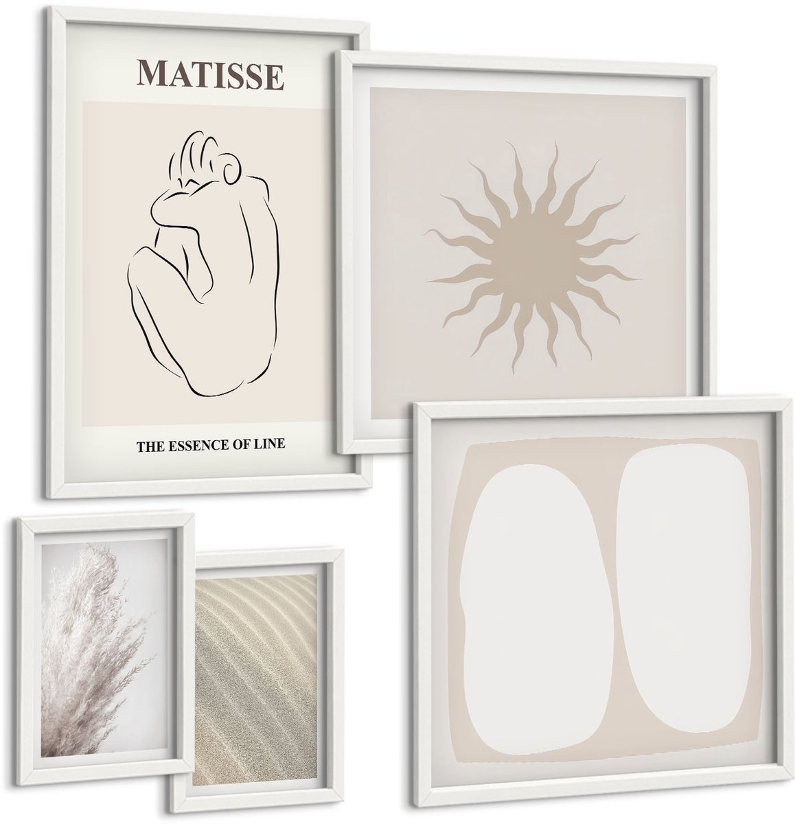 Coloray 5-Delige Schilderij Set - Minimalistische Vormen En Natuurlijke Motieven In Boho-Stijl - 50 x 50 cm, 20 x 30 cm En 40 x 60 cm - Moderne Wanddecoratie - Slaapkamer