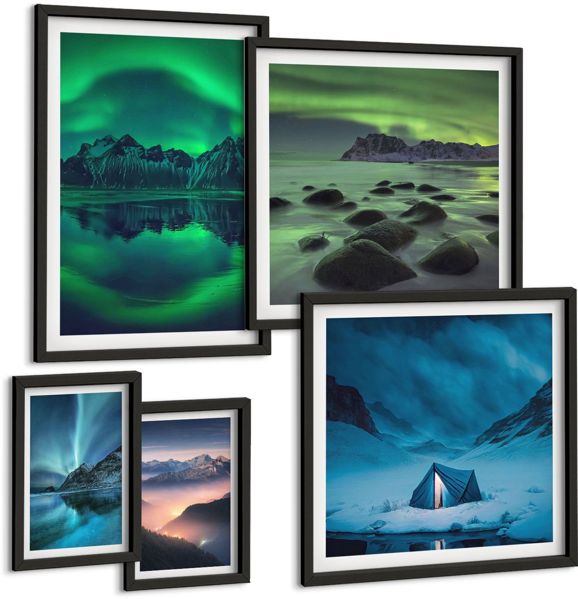 Coloray 5-Delige Schilderij Set - Winterlandschappen Met Noorderlicht En Uitzicht Op De Bergen - 50 x 50 cm, 20 x 30 cm En 40 x 60 cm - Muurdecoratie - Interieur Decoratie - Stijlvolle Muurdecoratie