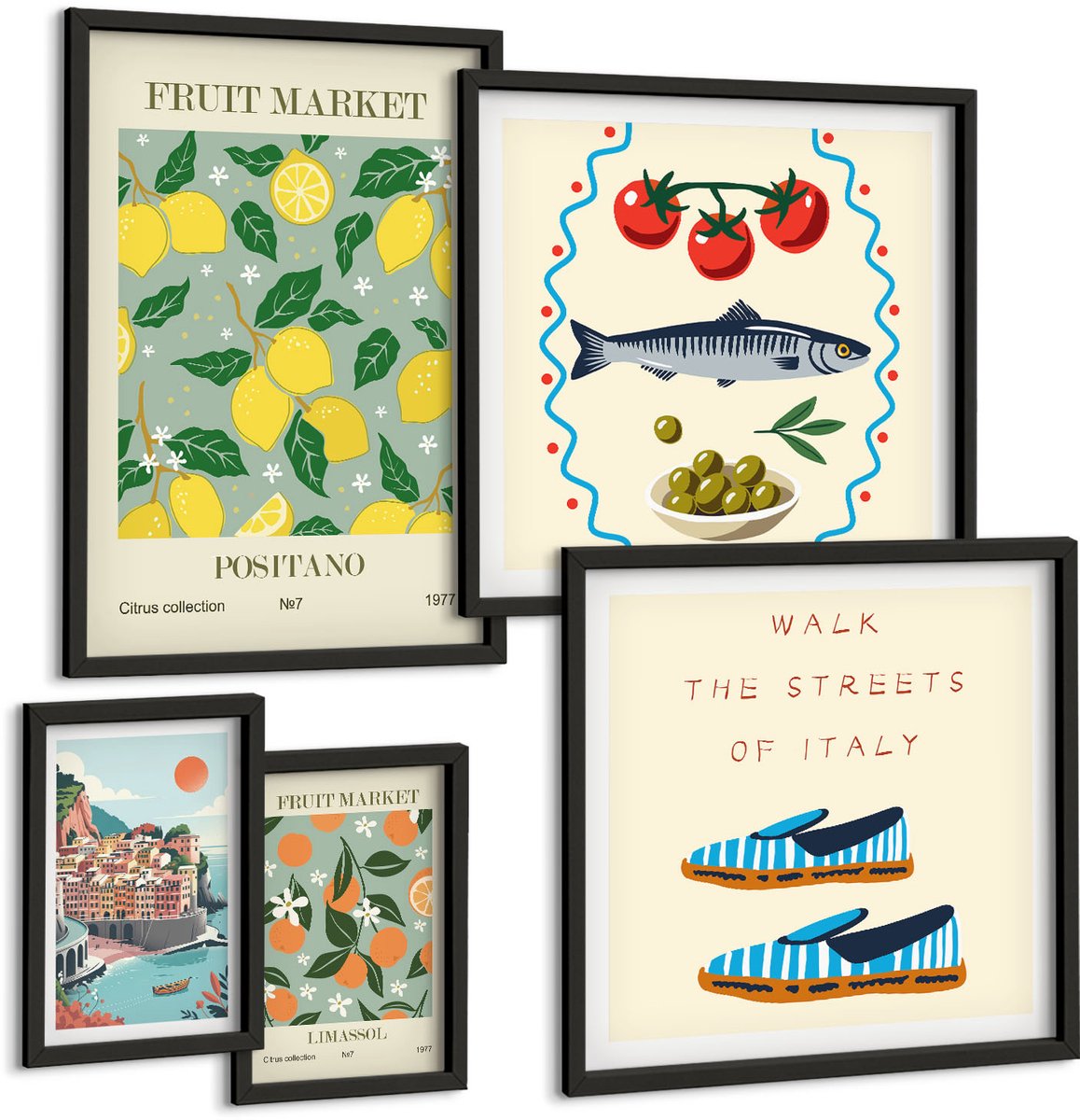Coloray 5-Delige Schilderij Set - Verzameling Van Fruit En Lokale Markten Uit Italië En Het Middellandse Zeegebied - 50 x 50 cm, 20 x 30 cm En 40 x 60 cm - Muurdecoratie - Wanddecoratie - Hal Zwarte lijst