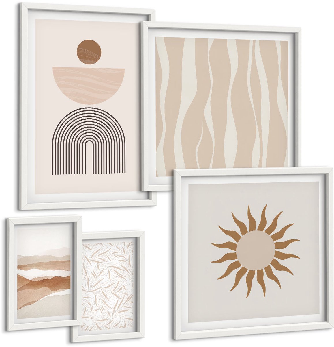 Coloray 5-Delige Schilderij Set - Stijlvolle Abstracte Vormen In Natuurlijke Tinten. - 50 x 50 cm, 20 x 30 cm En 40 x 60 cm - Wanddecoratie - Schilderijen Set - Interieur - Moderne Wanddecoratie
