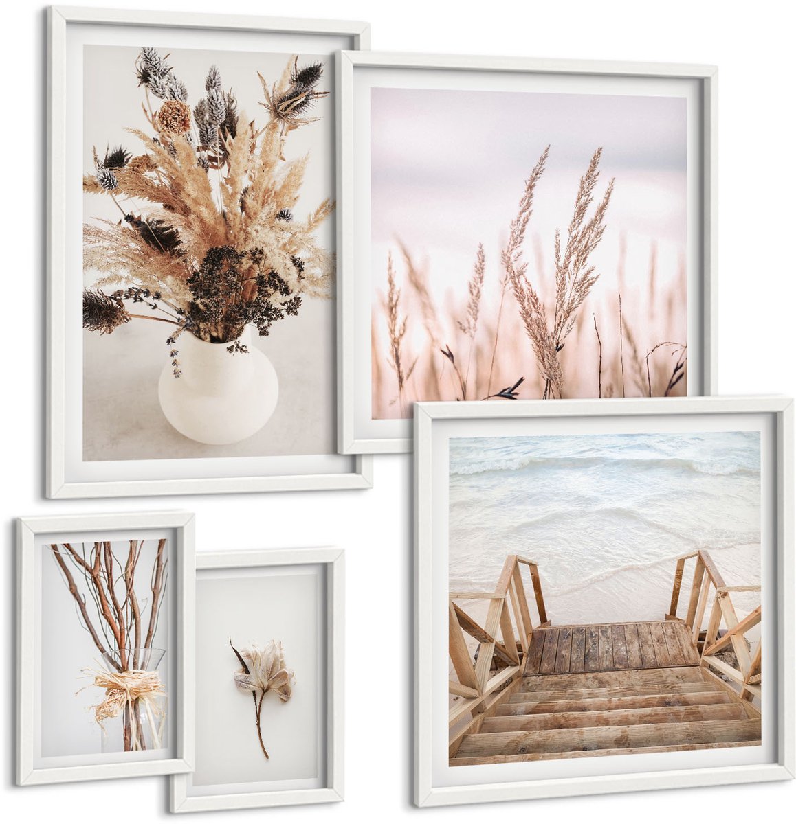 Coloray 5-Delige Schilderij Set - Stijlvolle Decoraties Met Gedroogde Planten En Waterpartijen - 50 x 50 cm, 20 x 30 cm En 40 x 60 cm - Decoratieve Muurdecoratie - Slaapkamer - Decoratieve Schilderijen