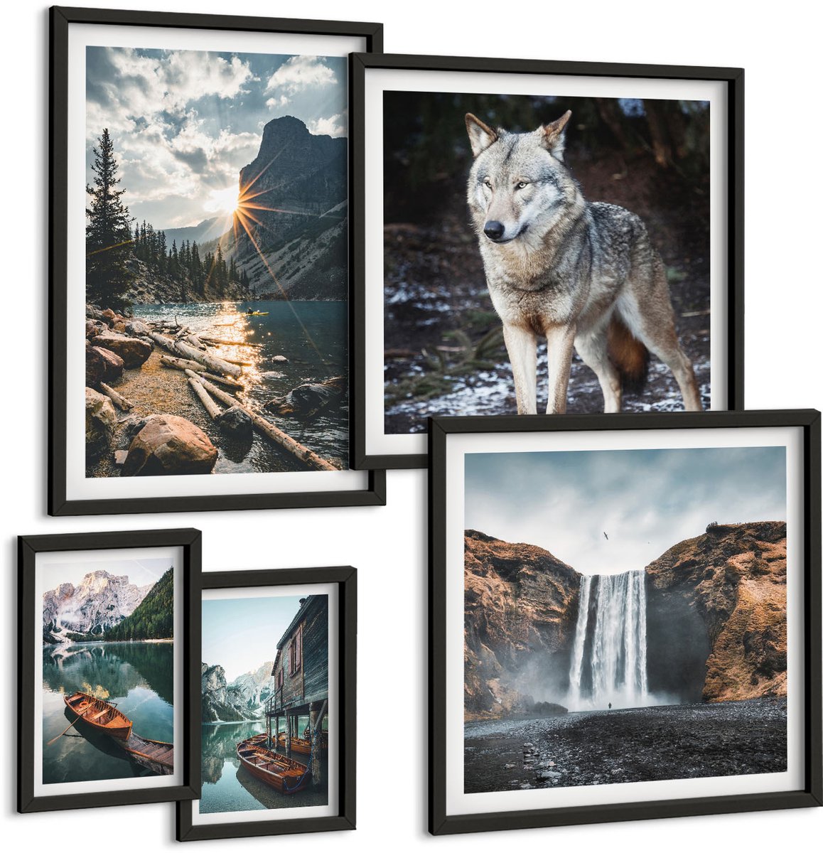 Coloray 5-Delige Schilderij Set - Natuurlandschappen Met Wilde Dieren En Watervallen - 50 x 50 cm, 20 x 30 cm En 40 x 60 cm - Wanddecoratie - Woonkamer Decoratie - Interieur Decoratie Zwarte lijst