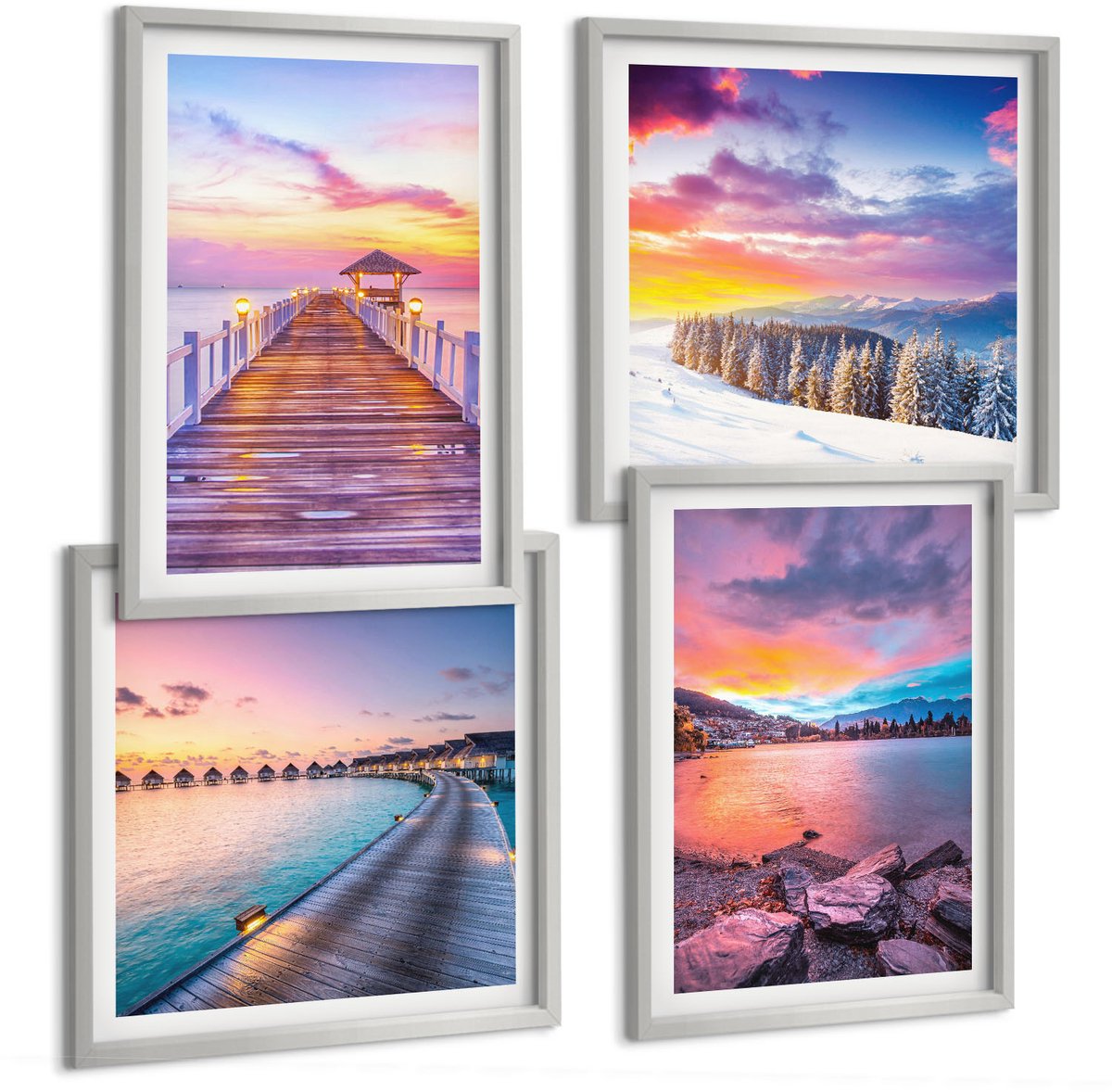 Coloray 4-Delige Schilderij Set - Winters Berglandschap Met Een Aanlegsteiger Aan Het Meer. - 40 x 40 cm En 40 x 60 cm - Muurdecoratie - Decoratieve Schilderijen - Wohnzimmer