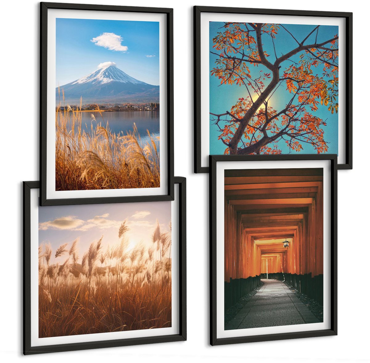 Coloray 4-Delige Schilderij Set - Japanse Landschappen, Natuur En Architectuur Van Azië - 40 x 40 cm En 40 x 60 cm - Wanddecoratie - Woonkamer Decoratie - Muurdecoratie Zwarte lijst