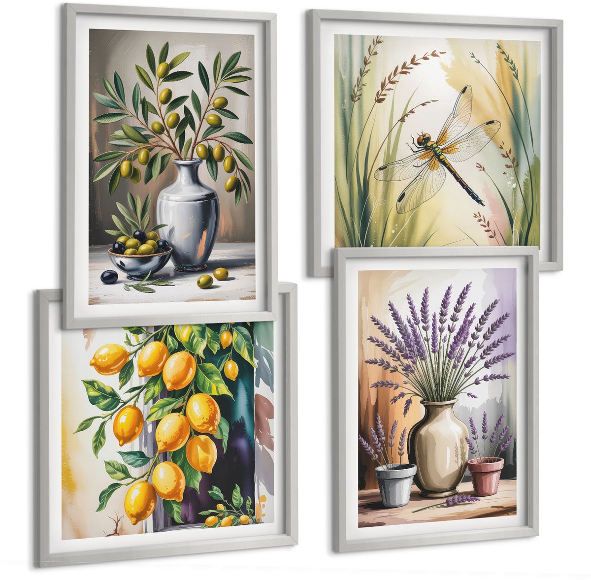 Coloray 4-Delige Schilderij Set - Bloemen En Olijven In Vazen ​​Citroenen Natuur - 40 x 40 cm En 40 x 60 cm - Wanddecoratie - Woonkamer Decoratie - Stijlvolle Muurdecoratie