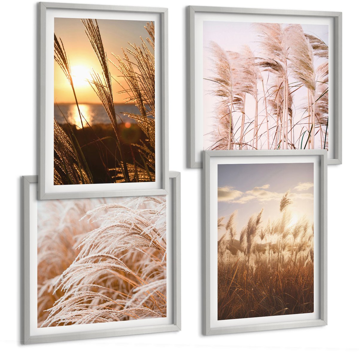 Coloray 4-Delige Schilderij Set - Fijne Grassen Van Boho Fields Bij Zonsondergang - 40 x 40 cm En 40 x 60 cm - Stijlvolle Muurdecoratie - Slaapkamer - Wanddecoratie
