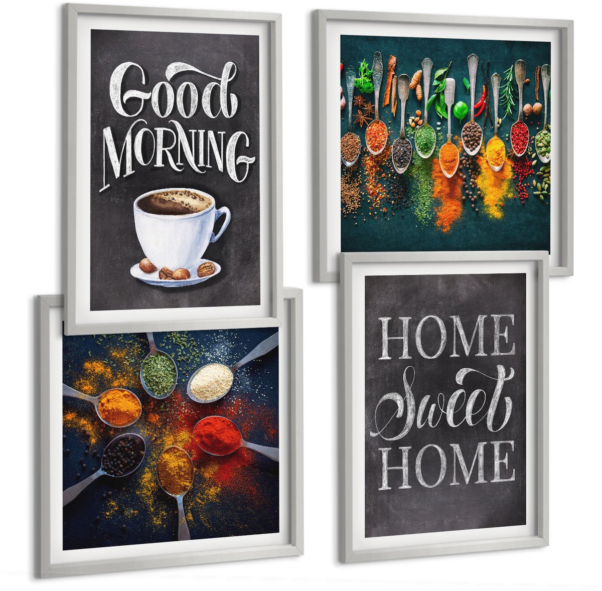Coloray 4-Delige Schilderij Set - Kruidenkoffie Met Een Kopje, Keukenkruiden, Specerijen - 40 x 40 cm En 40 x 60 cm - Wanddecoratie - Moderne Interieurdecoratie - Interieur Decoratie