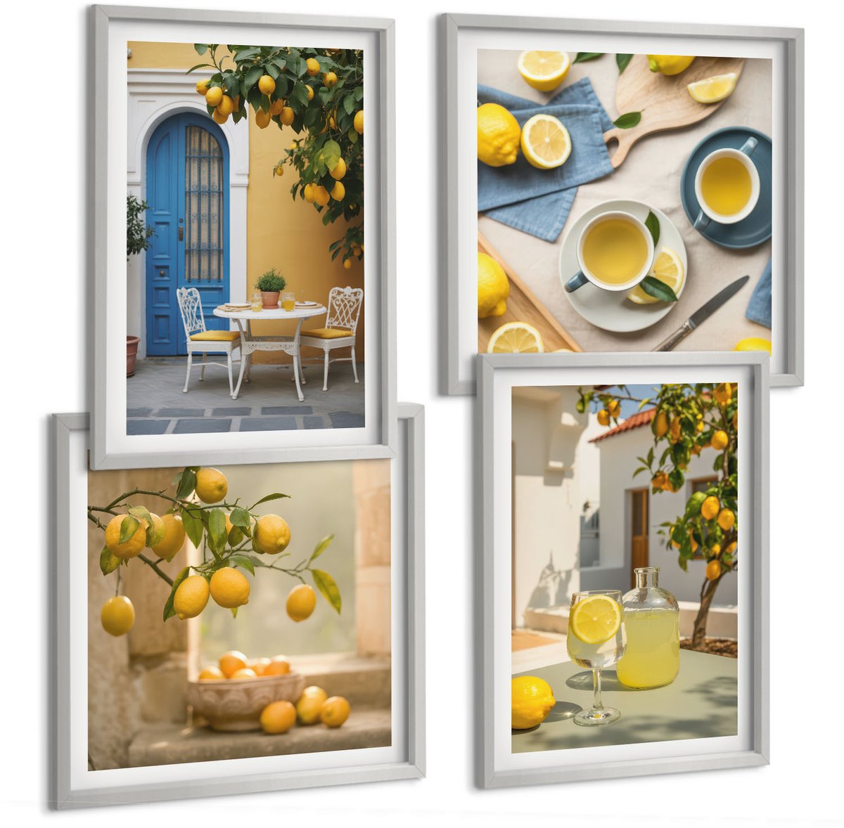 Coloray 4-Delige Schilderij Set - Citroenen Limonade Blauwe Deur Zomer Uitzichten - 40 x 40 cm En 40 x 60 cm - Muurdecoratie - Wanddecoratie - Hal - Moderne Wanddecoratie