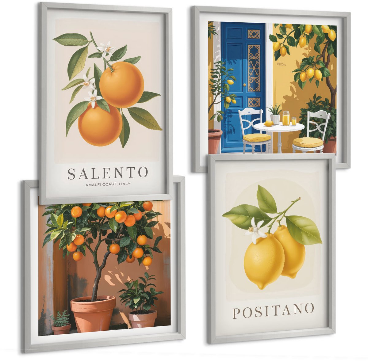 Coloray 4-Delige Schilderij Set - Citroenen Sinaasappelen Italiaanse Amalfikust Stad - 40 x 40 cm En 40 x 60 cm - Stijlvolle Wanddecoratie - Interieur - Muurdecoratie