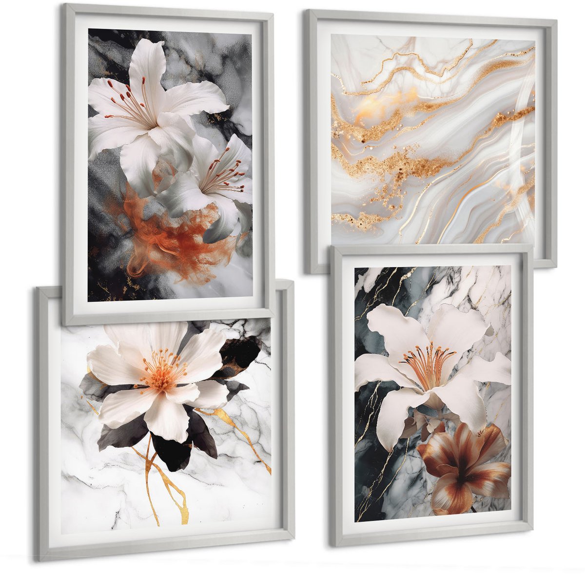 Coloray 4-Delige Schilderij Set - Bloemen Op Een Marmeren Achtergrond In Wit- En Zwarttinten. - 40 x 40 cm En 40 x 60 cm - Moderne Wanddecoratie - Woonkamer - Stijlvolle Muurdecoratie