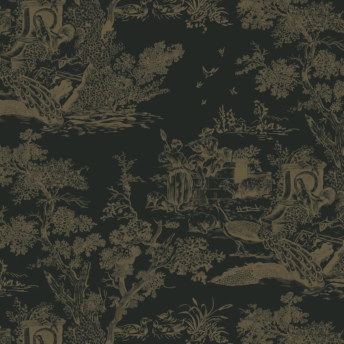 Behang, zwart, 41 x 300 cm, plakfolie, vinyl, wandbehang, bruin, bomen en dieren, waterdicht, decoratieve folie, vintage behang voor woonkamer, slaapkamer, muur en meubels