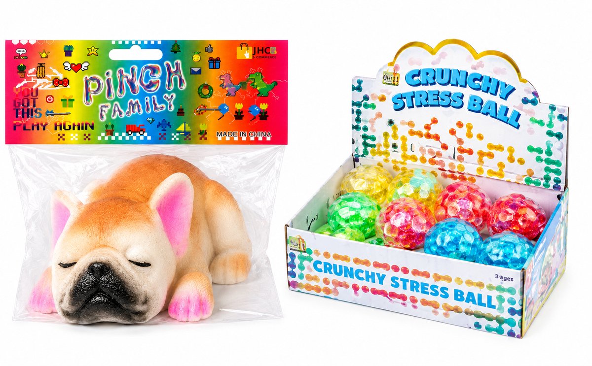 Happy Trendz® - Squishy Set van 2 Stuks - Taba Squishy Hond Pinch Family & Crunchy Stressbal - Anti-Stress Speelgoed - ASMR Fidget Toy - Topperset