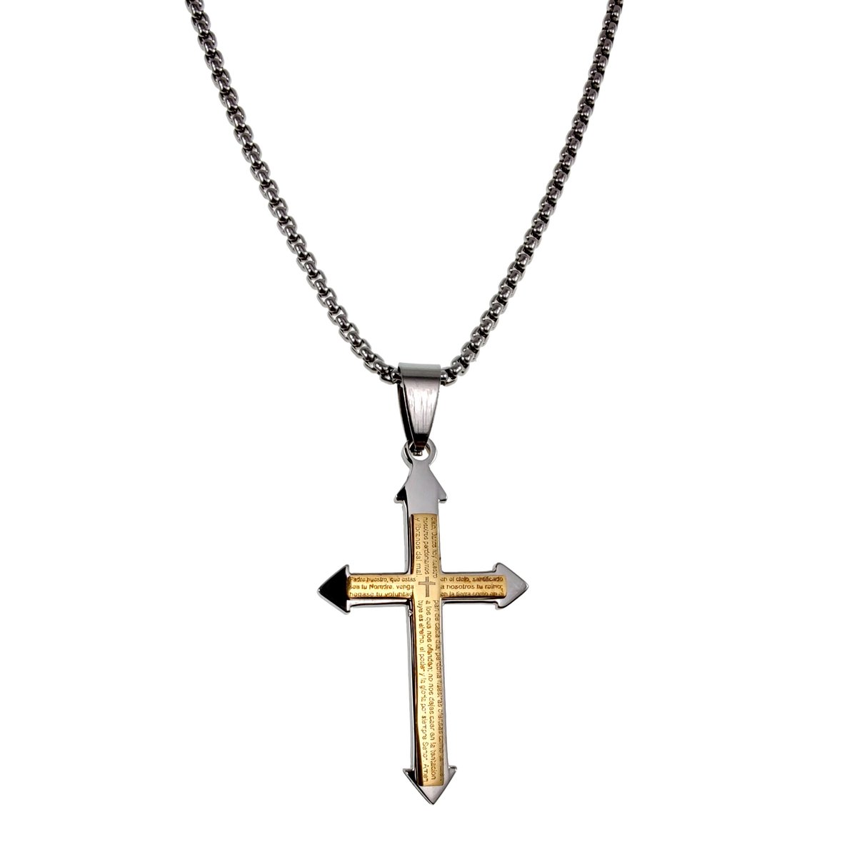 Jasseron Ketting + Bicolor Kruishanger en Onze Vader Gebed, RVS Ketting 55 cm x 3mm – Unisex