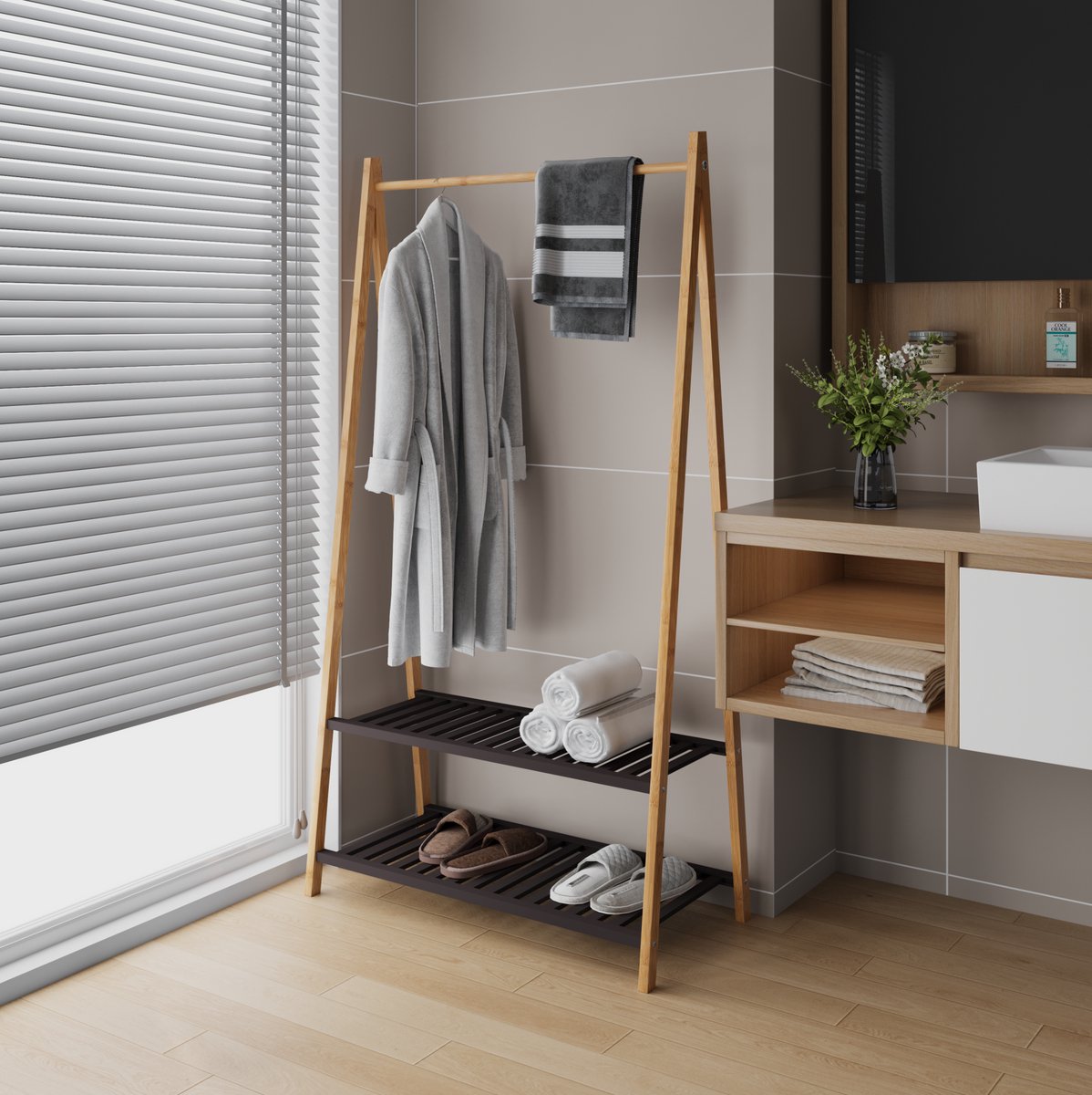 REDOM - Kledingrek - Met 2 planken en 1 kledingstang - Open schoenenrek - Scandinavische stijl - Hal en slaapkamer - Bamboe - Natuur - 80 x 40 x 150 cm