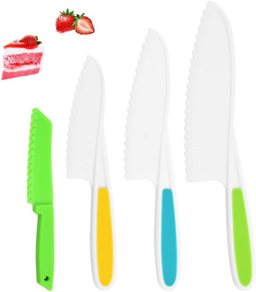 4 stuks kindermessen, kindermessen vanaf 3 jaar, kindermessen, kleurrijke kindermessen, Montessori-messen, messen voor kinderen, kinderkeukenmessen, voor cake, brood, vruchten