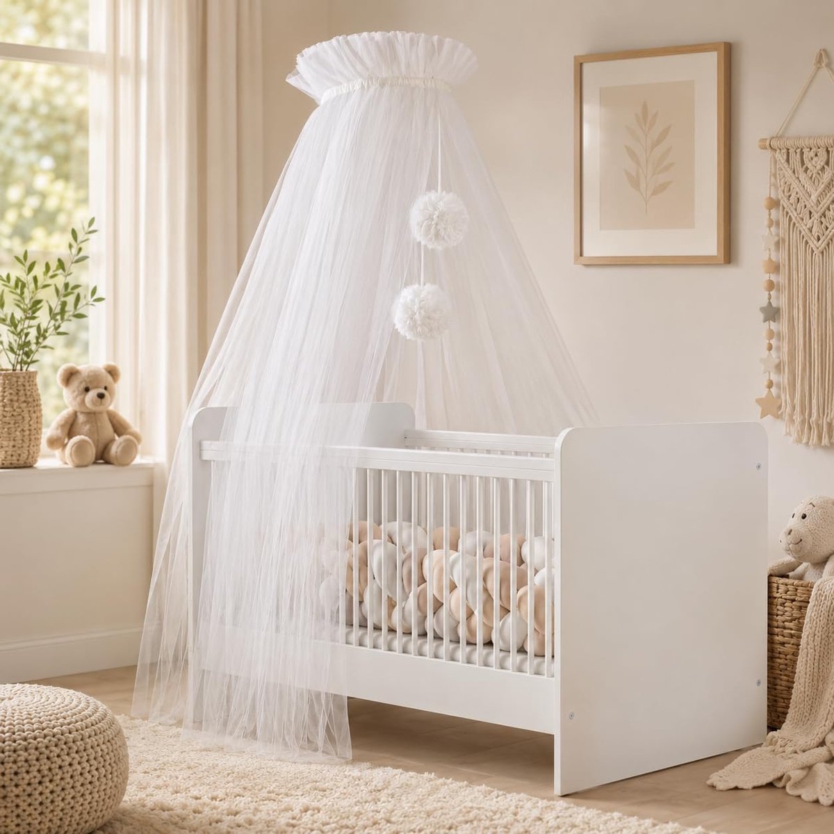 Fancyroom Babybedhemel van tule voor babybed, bijzetbed, muggennet, 165 cm lang, met kwastjes, taupe (ecru)