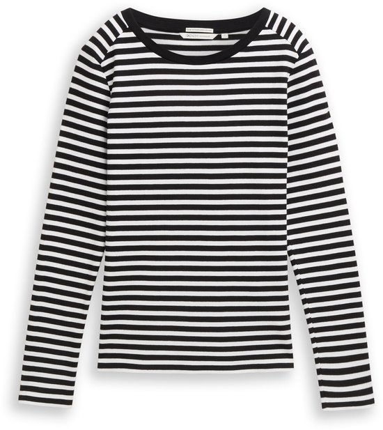 Zwart-wit gestreept T-shirt met lange mouwen, ronde hals en zwart biesje.