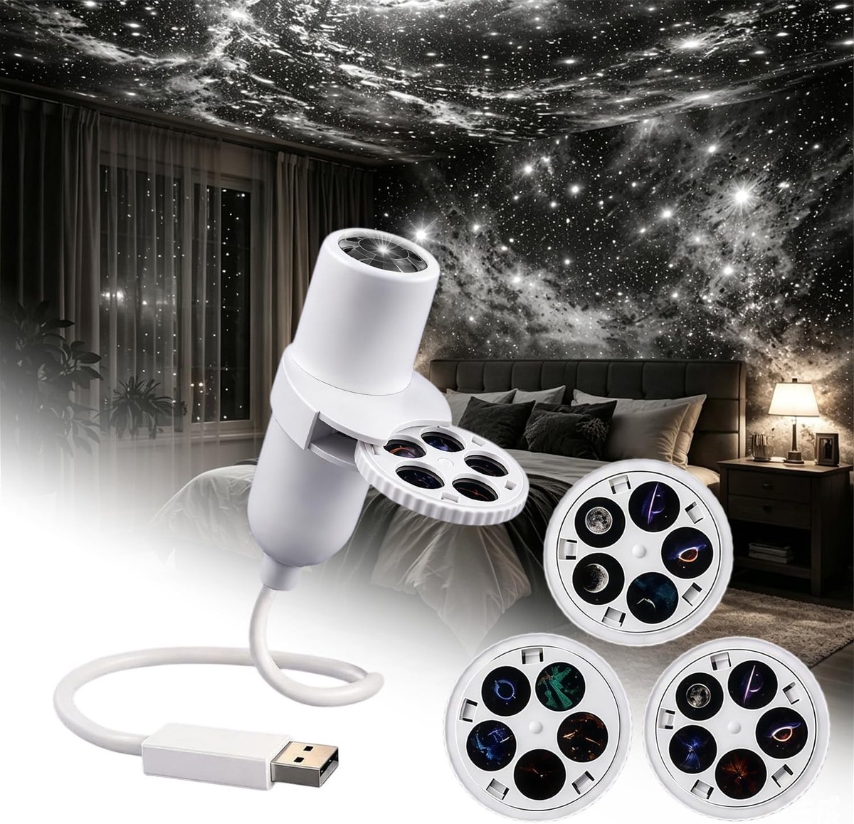 Sterren Projector - 360° Verstelbare - Nachtlampje projector - Galaxy Projector Sterren Nachtlampje - Sterren Projector met 15 Films - USB Nachtlampje - Sterrenhemel Projector - Sterrenlamp - Cadeau - Voor Slaapkamer, Auto en Kinderkamer - Wit
