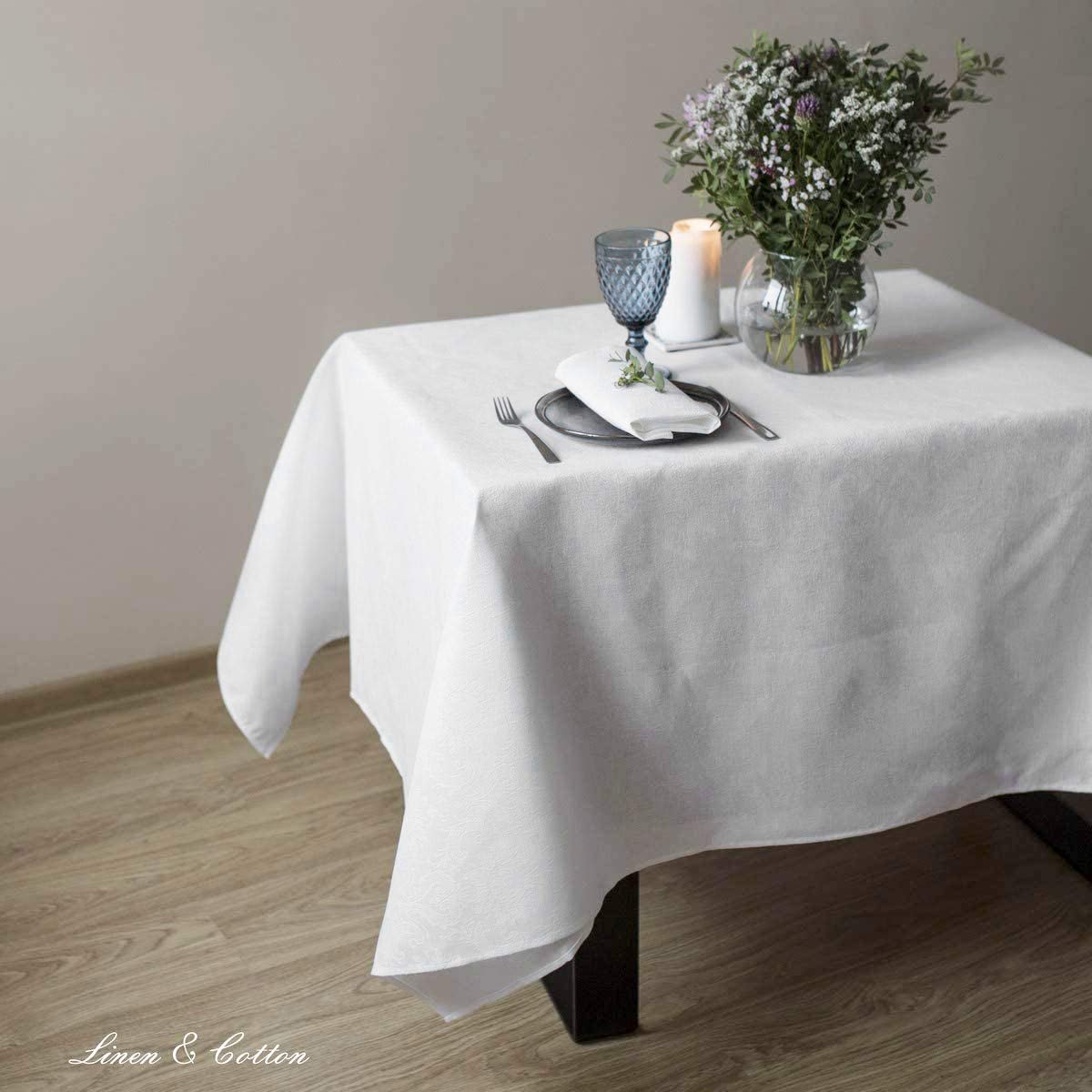 Linen & Cotton Luxe Jacquard Damast Tafelkleed Waverly - 46% Linnen, 52% Katoen, Wit (147 x 300 cm) Tafellinnen Tafel - ShopVlot