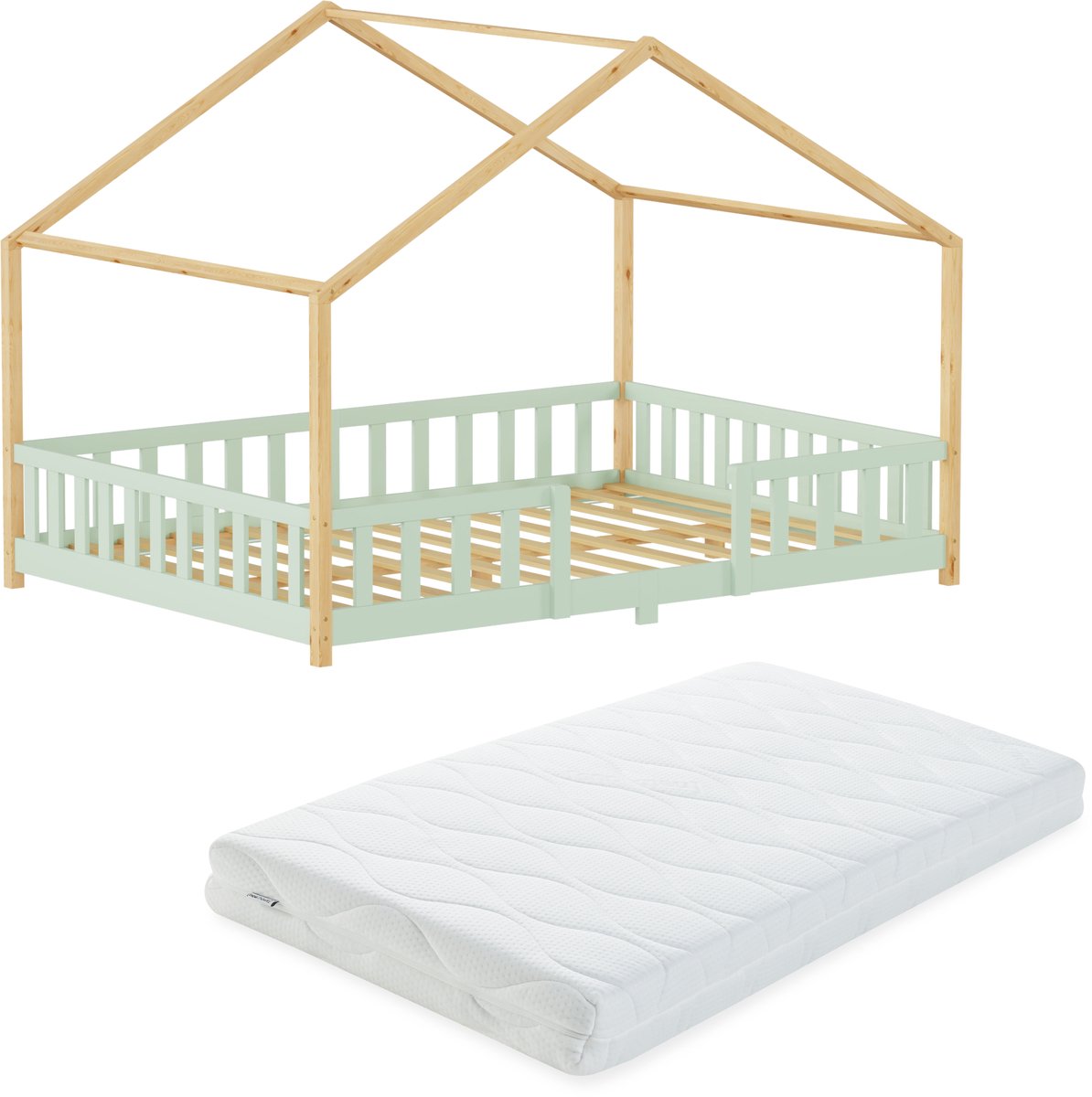 Kinderbed Treviolo met uitvalbeveiliging en matras 120x200 cm mintgroen en naturel [en.casa]