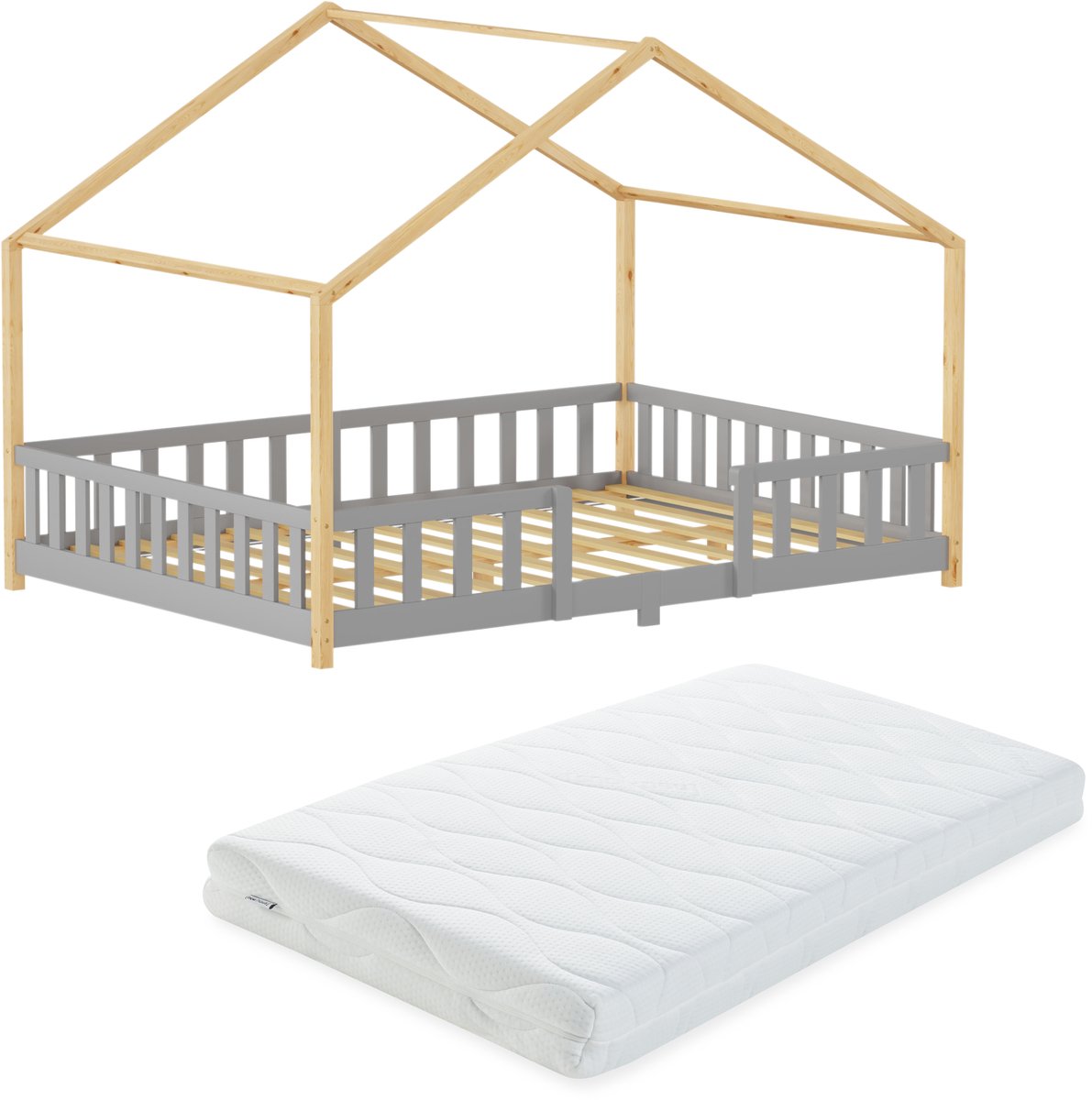 Kinderbed Treviolo met uitvalbeveiliging en matras 120x200 cm lichtgrijs en naturel [en.casa]