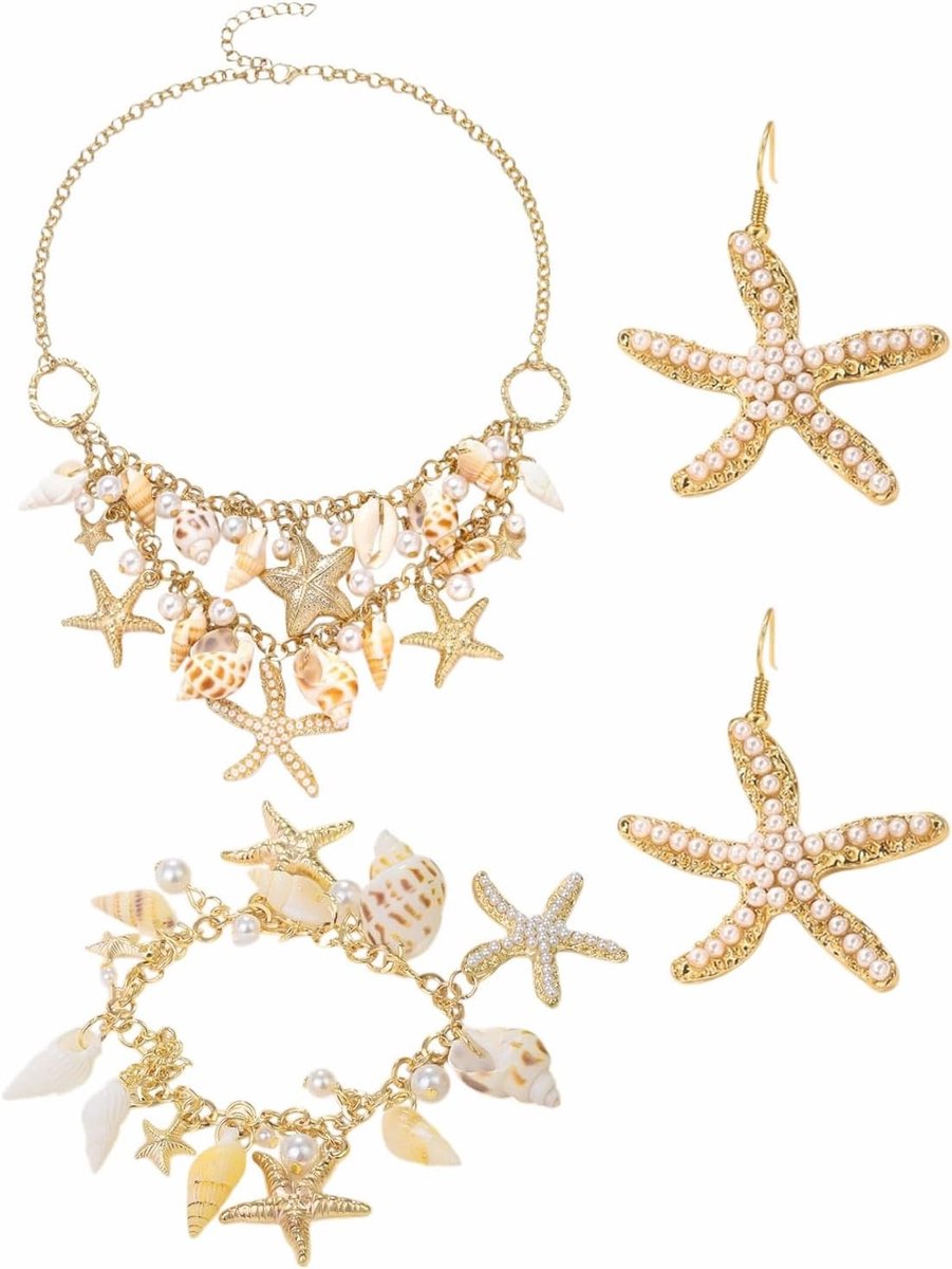 Dames Kostuum Zeemeermin met Accessoires, Seestern Muschelkette, Oorbellen en Haaraccessoires voor een Betoverende Look
