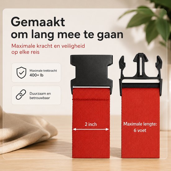 Rode kofferriemen met gesp en verstelmechanisme, met tekst over maximale trekkracht van 400+ lb en duurzaamheid.