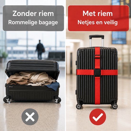 Vergelijking van een rommelige open koffer met een nette zwarte koffer met rode kofferriemen.