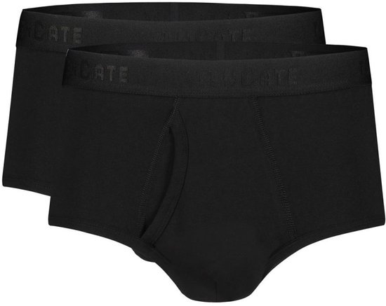 Twee zwarte herenslips van Ten Cate met gulp en elastische tailleband met merknaam.